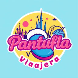 A vibrant and engaging logo design for "La Pantufla Viajera," a travel agency focused on selling trips to Universal and Disney Parks globally