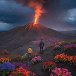 A daring young boy standing on the edge of a lively volcano, showered by a surreal rain of vibrant, multicolored flowers under a majestic twilight sky