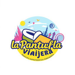 A vibrant and engaging logo design for "La Pantufla Viajera," a travel agency focused on selling trips to Universal and Disney Parks globally