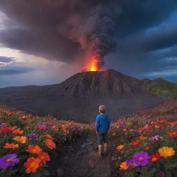 A daring young boy standing on the edge of a lively volcano, showered by a surreal rain of vibrant, multicolored flowers under a majestic twilight sky