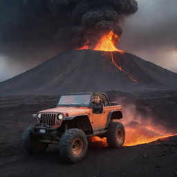 A brave young boy driving an off-road vehicle on the rim of an erupting volcano, with glowing magma in the background creating a dramatic, thrilling scene