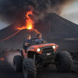 A brave young boy driving an off-road vehicle on the rim of an erupting volcano, with glowing magma in the background creating a dramatic, thrilling scene