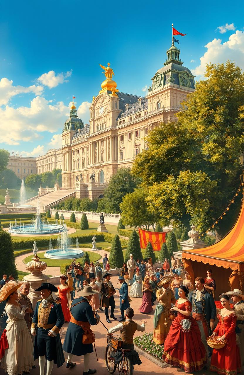 A detailed historical scene showcasing the grandeur of Spain during the Bourbon dynasty, featuring majestic architecture such as the Royal Palace of Madrid, surrounded by lush gardens and fountains