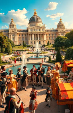 A detailed historical scene showcasing the grandeur of Spain during the Bourbon dynasty, featuring majestic architecture such as the Royal Palace of Madrid, surrounded by lush gardens and fountains