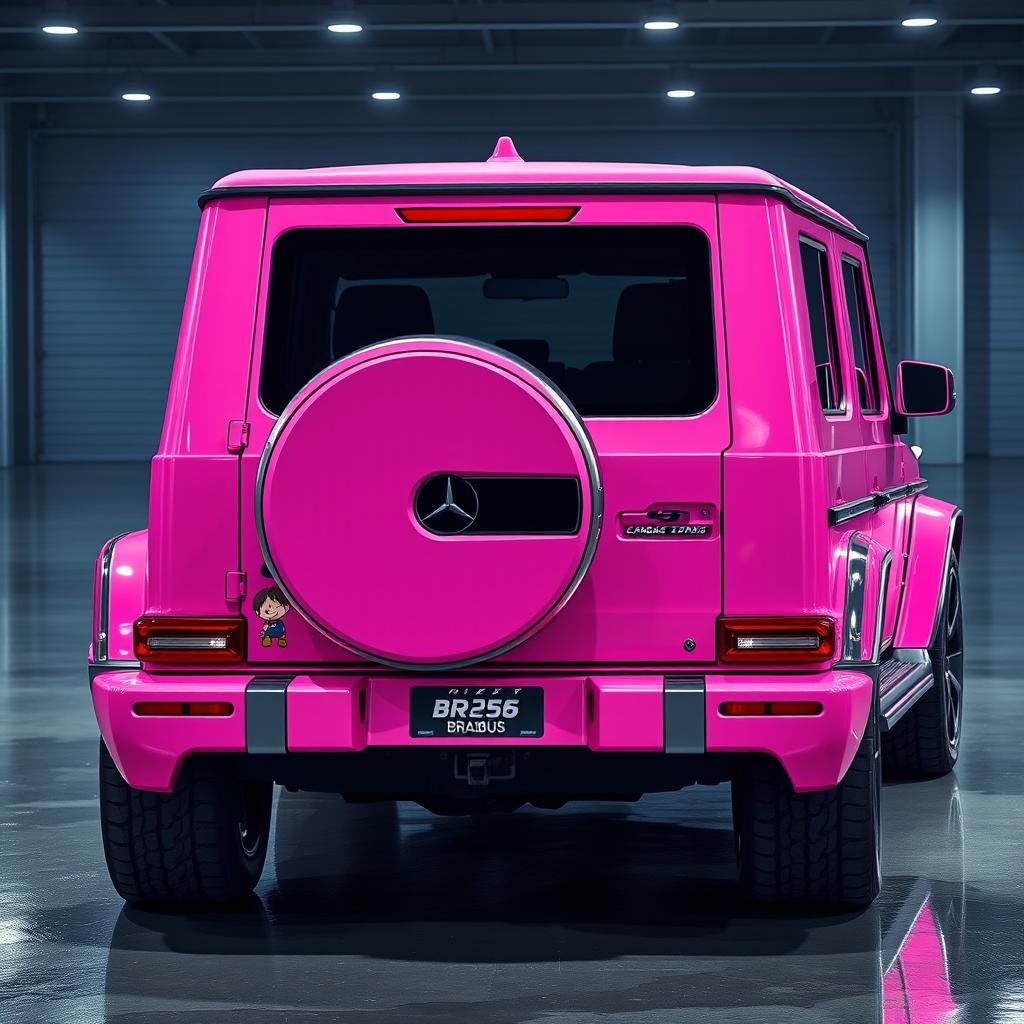 A 3/4 shot of a realistic Mercedes Benz G63 Rocket 900 Brabus, featuring a creative and vibrant pink paint scheme inspired by cartoon aesthetics