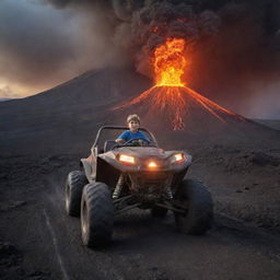 A brave young boy driving an off-road vehicle on the rim of an erupting volcano, with glowing magma in the background creating a dramatic, thrilling scene