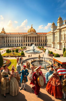 A detailed historical scene showcasing the grandeur of Spain during the Bourbon dynasty, featuring majestic architecture such as the Royal Palace of Madrid, surrounded by lush gardens and fountains