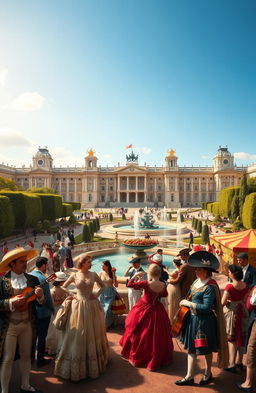 A detailed historical scene showcasing the grandeur of Spain during the Bourbon dynasty, featuring majestic architecture such as the Royal Palace of Madrid, surrounded by lush gardens and fountains