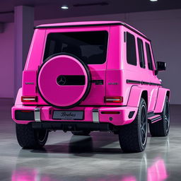 A 3/4 shot of a realistic Mercedes Benz G63 Rocket 900 Brabus, featuring a creative and vibrant pink paint scheme inspired by cartoon aesthetics