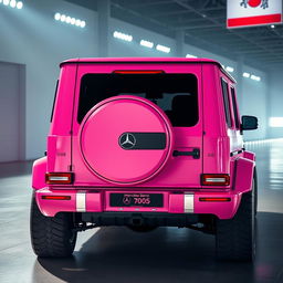 A 3/4 shot of a realistic Mercedes Benz G63 Rocket 900 Brabus, featuring a creative and vibrant pink paint scheme inspired by cartoon aesthetics