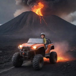 A brave young boy driving an off-road vehicle on the rim of an erupting volcano, with glowing magma in the background creating a dramatic, thrilling scene