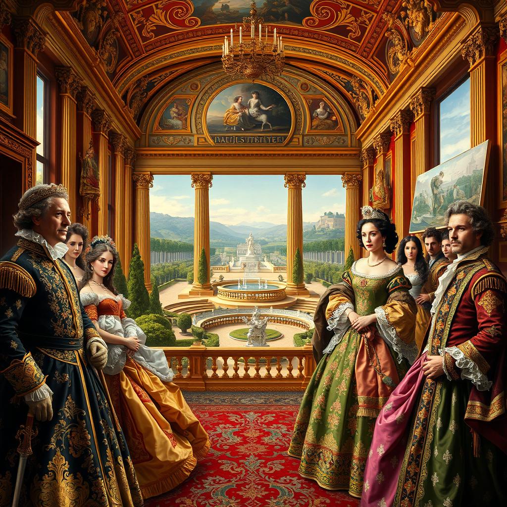 A richly detailed portrait representing the era of the Spanish Bourbon dynasty, showcasing the opulence and grandeur of royal life in Spain