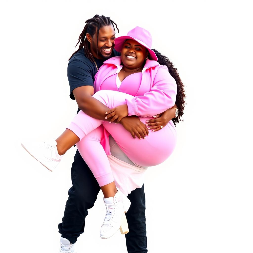 A brown-skinned man with braids, wearing black pants, white Jordans, and a casual t-shirt, is joyfully holding and hugging a curvy woman