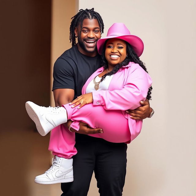 A brown-skinned man with braids, wearing black pants, white Jordans, and a casual t-shirt, is joyfully holding and hugging a curvy woman