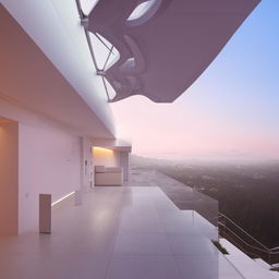 The interior of a second floor featuring an internal hallway leading to a futuristic front balcony, which opens opulently towards the vast sky.