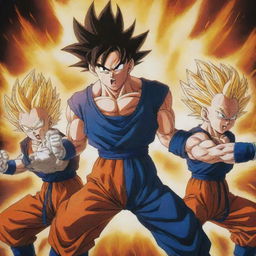 An intense three-way combat scene from Dragon Ball Z featuring Goku, Vegeta, and Gohan, each charging their energy, creating a blazing battlefield.