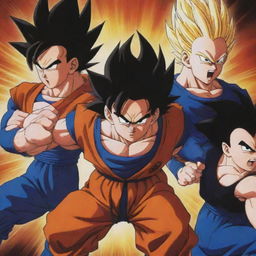 An intense three-way combat scene from Dragon Ball Z featuring Goku, Vegeta, and Gohan, each charging their energy, creating a blazing battlefield.