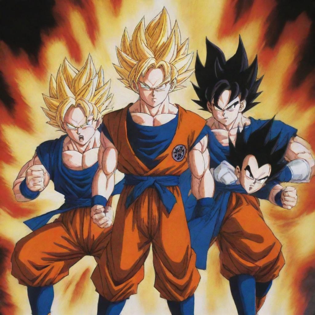 An intense three-way combat scene from Dragon Ball Z featuring Goku, Vegeta, and Gohan, each charging their energy, creating a blazing battlefield.