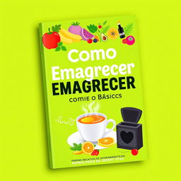 A vibrant and eye-catching e-book cover for 'Como Emagrecer com o Básico', featuring illustrations of healthy foods like fruits and vegetables, alongside a steaming cup of herbal tea and a mysterious, attractive secret kit designed for weight loss