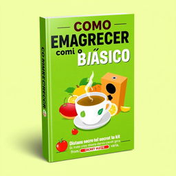 A vibrant and eye-catching e-book cover for 'Como Emagrecer com o Básico', featuring illustrations of healthy foods like fruits and vegetables, alongside a steaming cup of herbal tea and a mysterious, attractive secret kit designed for weight loss