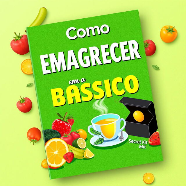 A vibrant and eye-catching e-book cover for 'Como Emagrecer com o Básico', featuring illustrations of healthy foods like fruits and vegetables, alongside a steaming cup of herbal tea and a mysterious, attractive secret kit designed for weight loss