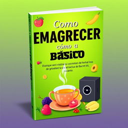 A vibrant and eye-catching e-book cover for 'Como Emagrecer com o Básico', featuring illustrations of healthy foods like fruits and vegetables, alongside a steaming cup of herbal tea and a mysterious, attractive secret kit designed for weight loss