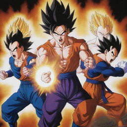 An intense three-way combat scene from Dragon Ball Z featuring Goku, Vegeta, and Gohan, each charging their energy, creating a blazing battlefield.