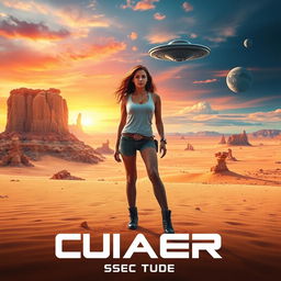 A striking movie poster featuring an adventurous woman standing confidently in a vast desert on an alien planet, with unusual rock formations and colorful geological features in the background