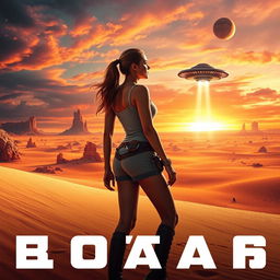 A striking movie poster featuring an adventurous woman standing confidently in a vast desert on an alien planet, with unusual rock formations and colorful geological features in the background