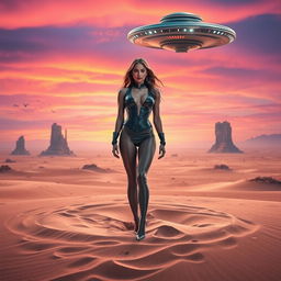 A captivating movie poster featuring a woman standing majestically in a vast desert on an alien planet