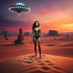 A captivating movie poster featuring a woman standing majestically in a vast desert on an alien planet