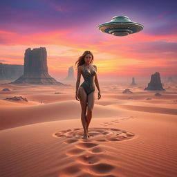 A captivating movie poster featuring a woman standing majestically in a vast desert on an alien planet