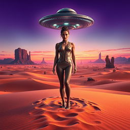 A captivating movie poster featuring a woman standing majestically in a vast desert on an alien planet