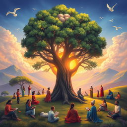 A serene, philosophical landscape depicting the essence of the meaning of life, filled with vibrant colors and natural beauty