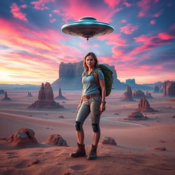 A stunning movie poster depicting a woman in hiking gear standing confidently in a breathtaking desert on an alien planet