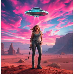 A stunning movie poster depicting a woman in hiking gear standing confidently in a breathtaking desert on an alien planet