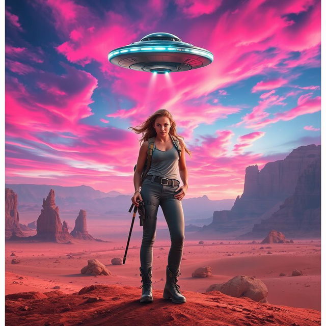 A stunning movie poster depicting a woman in hiking gear standing confidently in a breathtaking desert on an alien planet