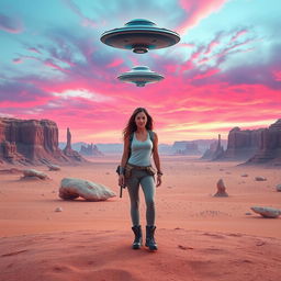 A stunning movie poster depicting a woman in hiking gear standing confidently in a breathtaking desert on an alien planet