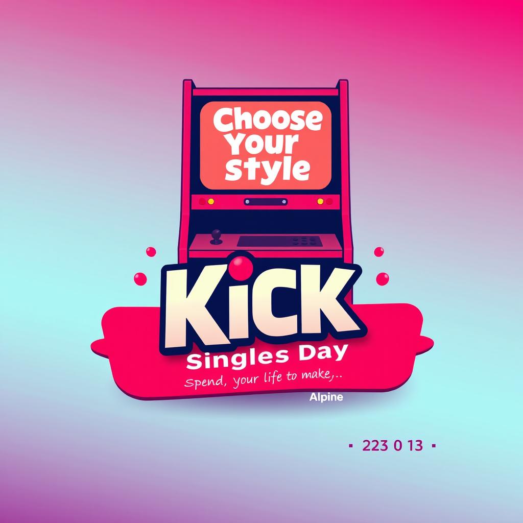 A vibrant and eye-catching poster design for the arcade game "KICK" celebrating Single's Day