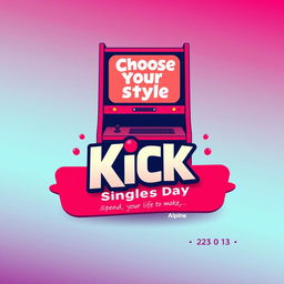 A vibrant and eye-catching poster design for the arcade game "KICK" celebrating Single's Day