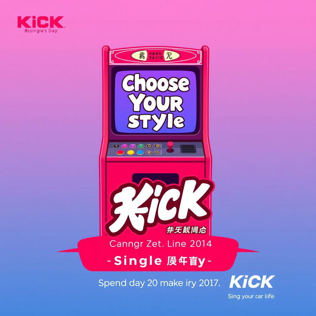 A vibrant and eye-catching poster design for the arcade game "KICK" celebrating Single's Day