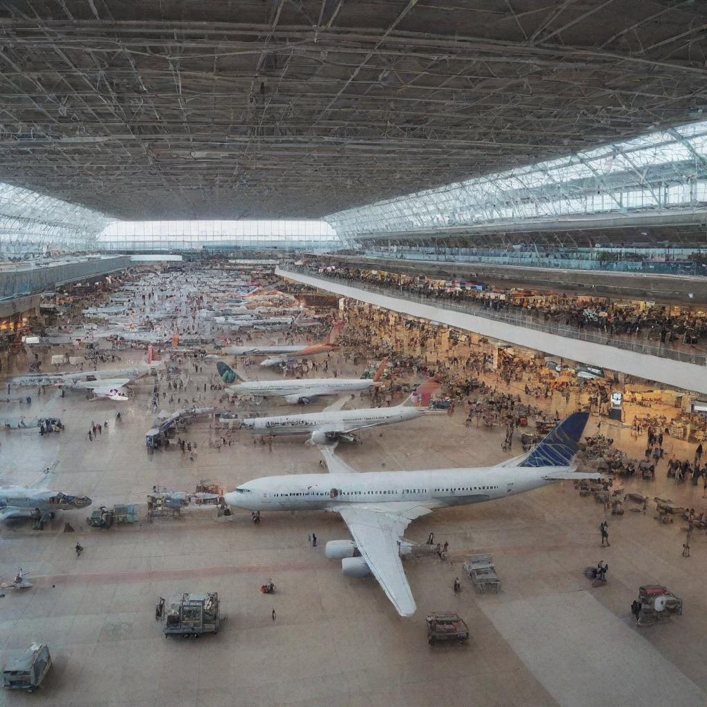 A bustling international airport filled with various types of airplanes, modern terminals, passengers carrying luggage, shops, restaurants, and departure/arrival boards