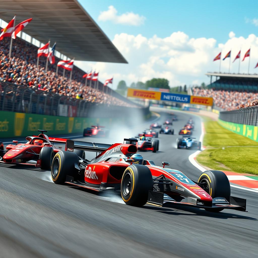 An adrenaline-filled Formula 1 race scene featuring a vibrant, high-speed atmosphere with multiple cars in action on the racetrack