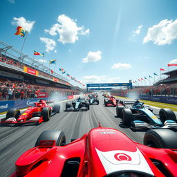 An adrenaline-filled Formula 1 race scene featuring a vibrant, high-speed atmosphere with multiple cars in action on the racetrack