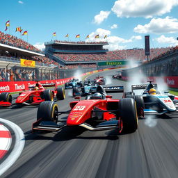 An adrenaline-filled Formula 1 race scene featuring a vibrant, high-speed atmosphere with multiple cars in action on the racetrack