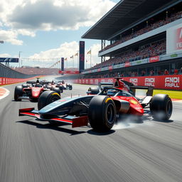 An adrenaline-filled Formula 1 race scene featuring a vibrant, high-speed atmosphere with multiple cars in action on the racetrack