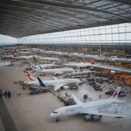 A bustling international airport filled with various types of airplanes, modern terminals, passengers carrying luggage, shops, restaurants, and departure/arrival boards