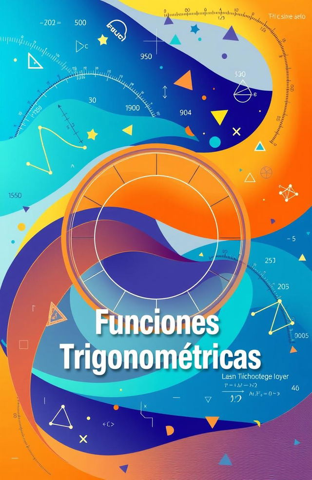 A creative and unique cover design representing trigonometric functions, incorporating elements such as sine and cosine waves elegantly intertwined to form a visually striking pattern