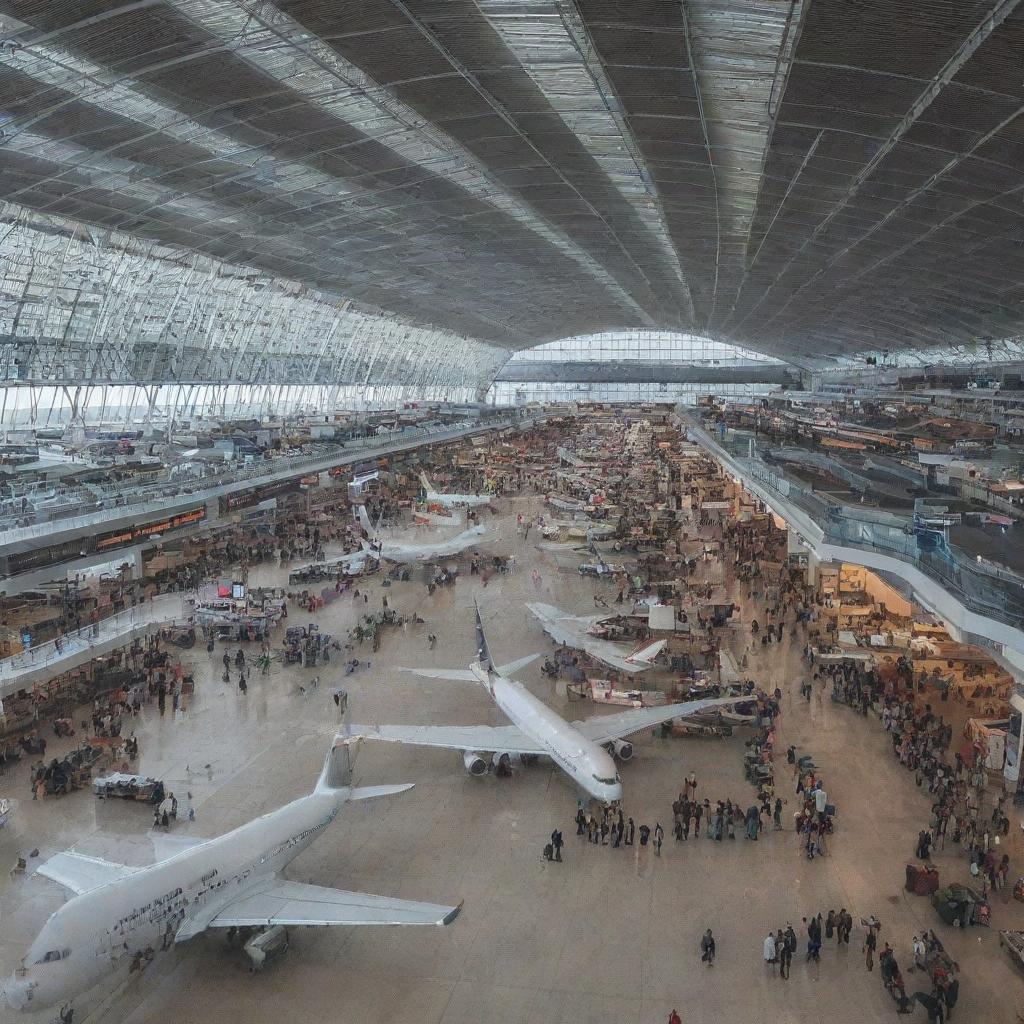 A bustling international airport filled with various types of airplanes, modern terminals, passengers carrying luggage, shops, restaurants, and departure/arrival boards