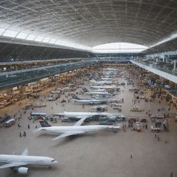 A bustling international airport filled with various types of airplanes, modern terminals, passengers carrying luggage, shops, restaurants, and departure/arrival boards